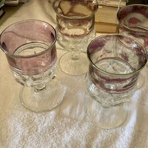 3 Kings Crown Thumbprint Stemware Goblets; Clear and Purple Water Goblets